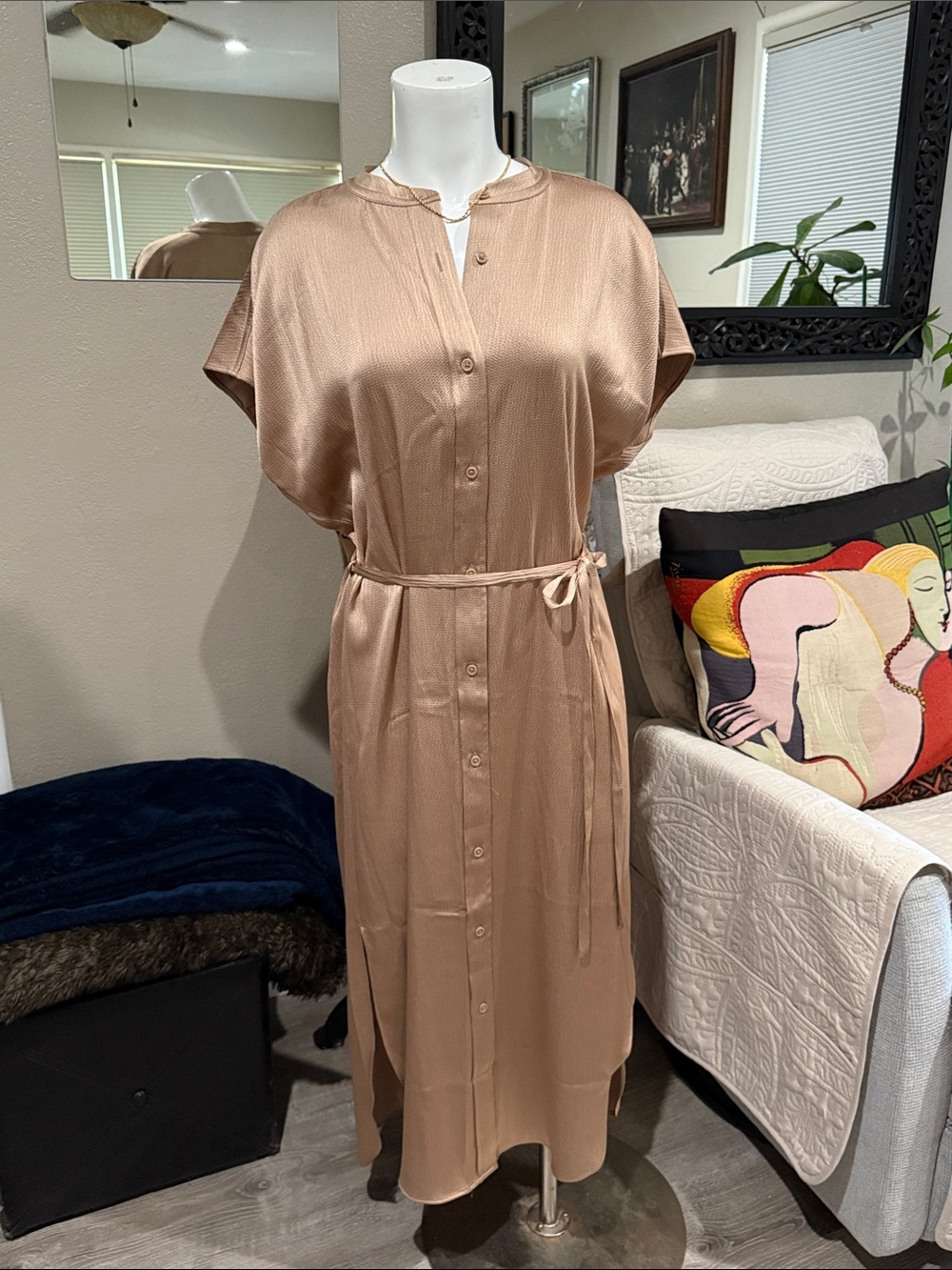 Banana Republic Tan Satin Maxi Shirt Dress